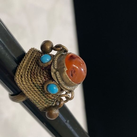Antique Amber And Turquoise Brass Dome Ring - Picture 16 of 16